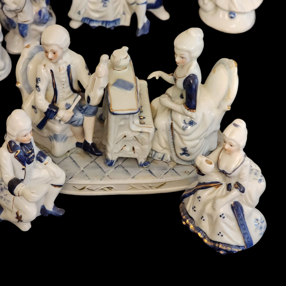 Elegant Blue and White Porcelain Figurine Set
